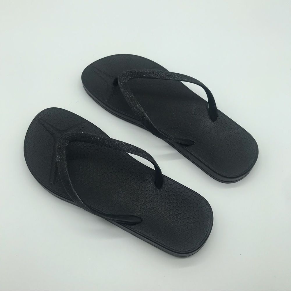 Black Glitter Strap Thong Slippers Women's Sz 5-6 Slip On Sandals Comfy Casual